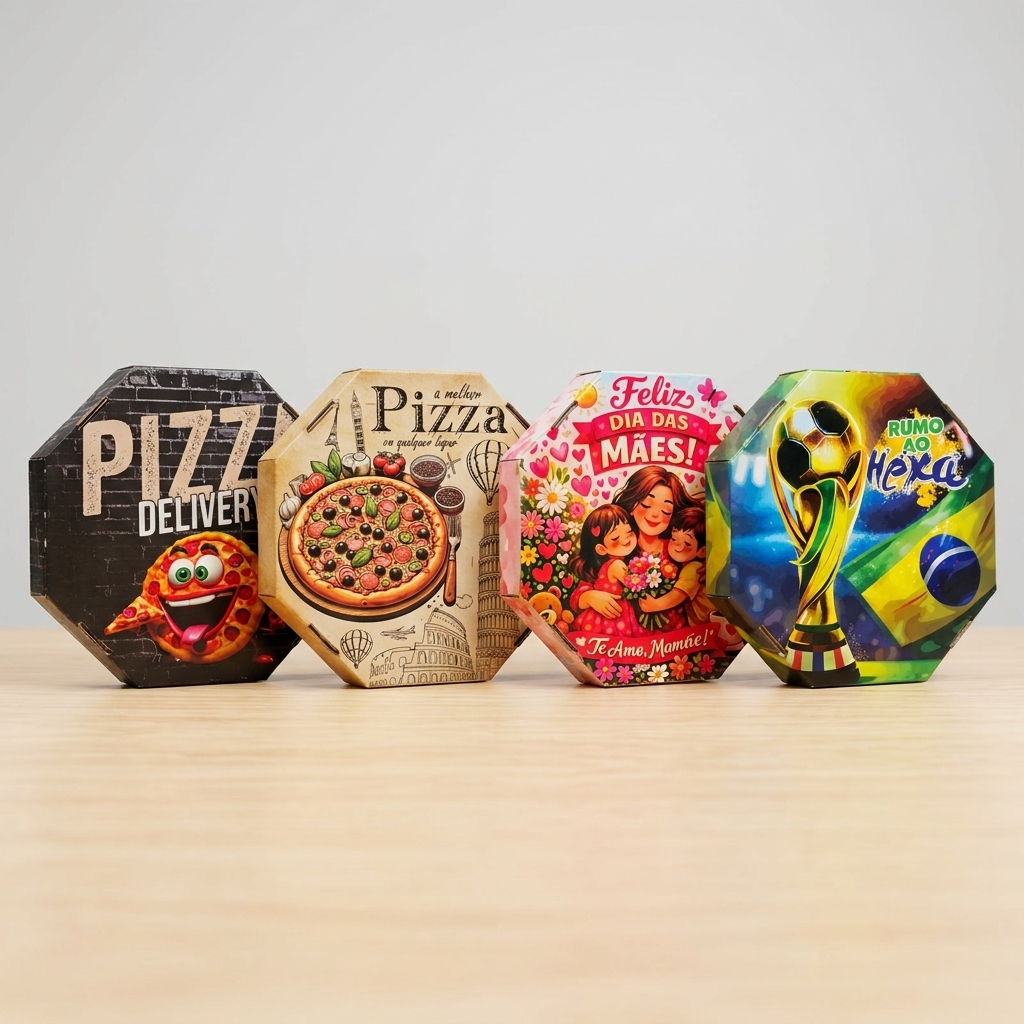 Caixas de pizza temáticas em diferentes estampas