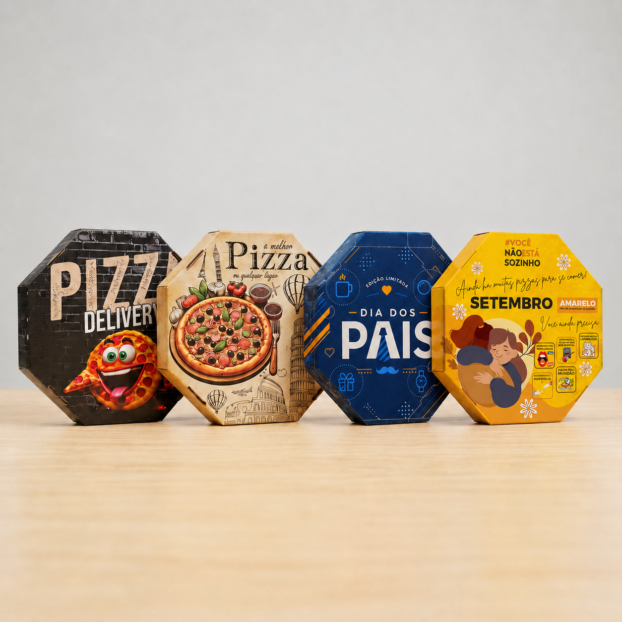 Caixas de pizza temáticas: Pizza Delivery, Dia dos Pais e Setembro Amarelo